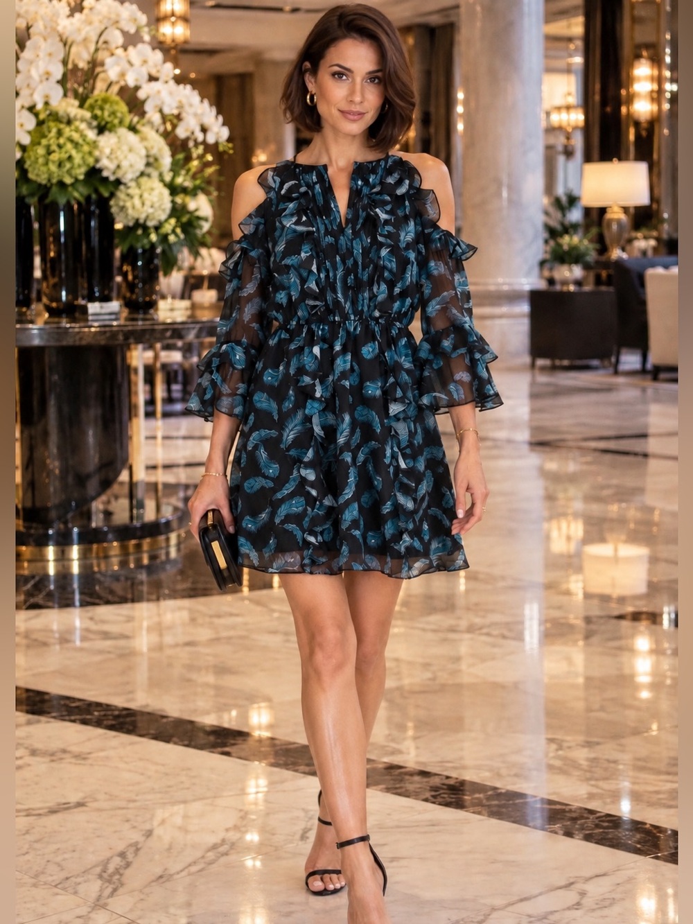 Rachel Zoe Silk Ruffle Floral Mini Dress Blue Black Size 6 NWT Retail $445